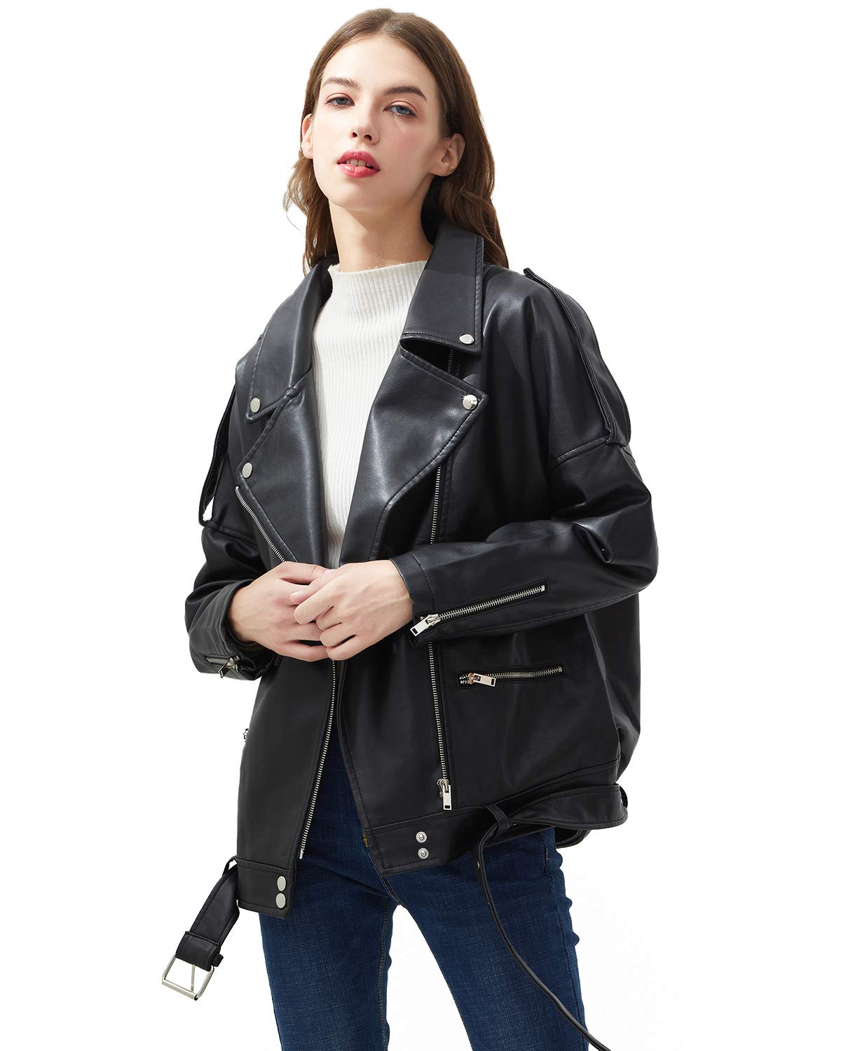 LY VAREY LIN Women Black Faux Leather Jackets Zipper Casual Short Coat Turn-down Collar Motor Biker Jacket with Belt (M, Black)