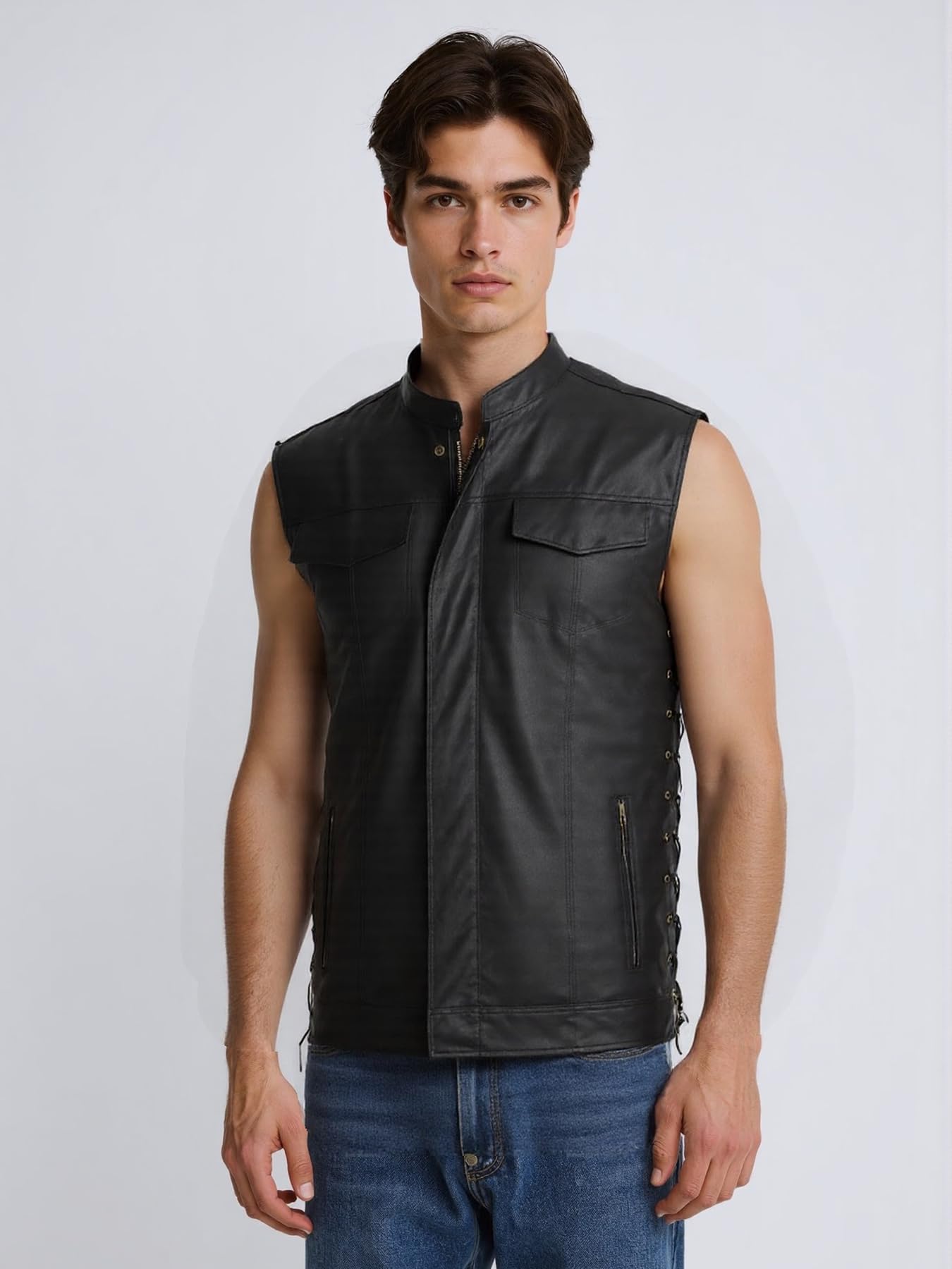 Idopy Men`s Faux Leather Vest Adjustable Lace Up Sides Motorcycle Biker Sleeveless Jacket Waistcoat Black S