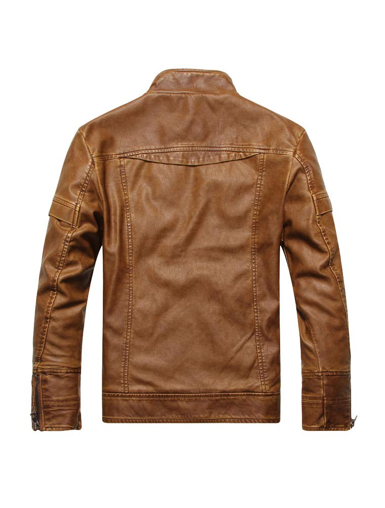 PASOK Men's Faux Leather Jacket Vintage Stand Collar Motorcycle PU Leather Outwear Coat Brown L