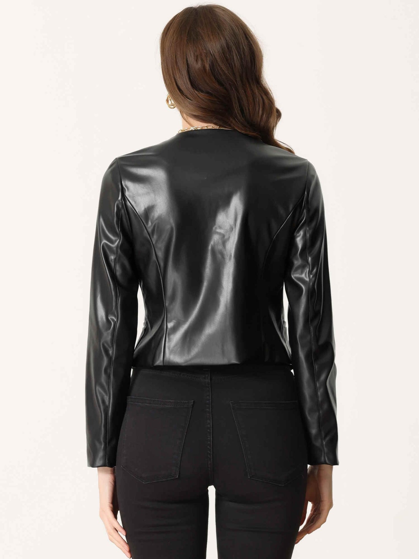 Allegra K Faux Leather Jacket for Women's Collarless Open Front Crop PU Moto Biker Jackets Small Black