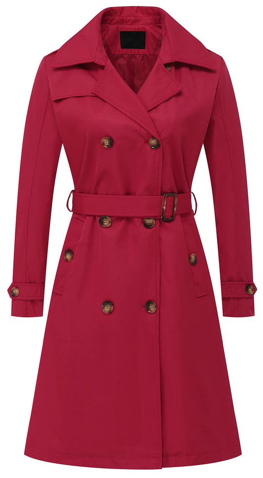 Chrisuno Mid Length Double Breasted Coat Women Lined Trench Coats for Waterproof Hooded Red M