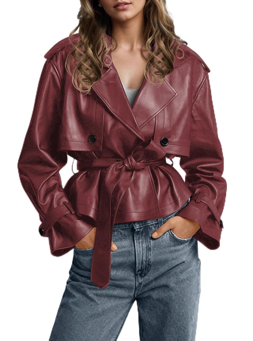 chouyatou Women's Fall Belted Faux Leather Jacket Modo Business Casual Faux Leather Short Trench Coat (Medium, Red)