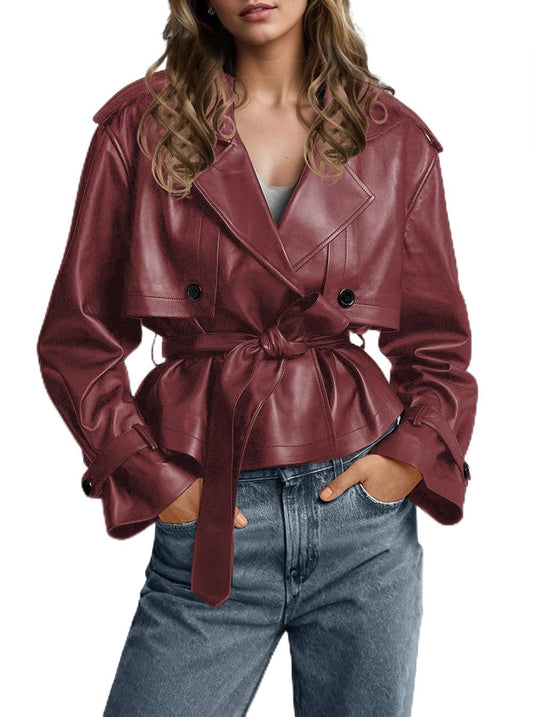 chouyatou Women's Fall Belted Faux Leather Jacket Modo Business Casual Faux Leather Short Trench Coat (Medium, Red)