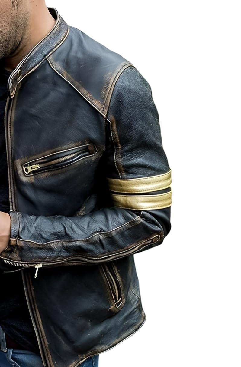 Jild Distressed Café Racer Black Leather Jacket Men - Genuine Lambskin Leather Biker Style Mens Vintage Motorcycle Jacket (YP-Blk-M)