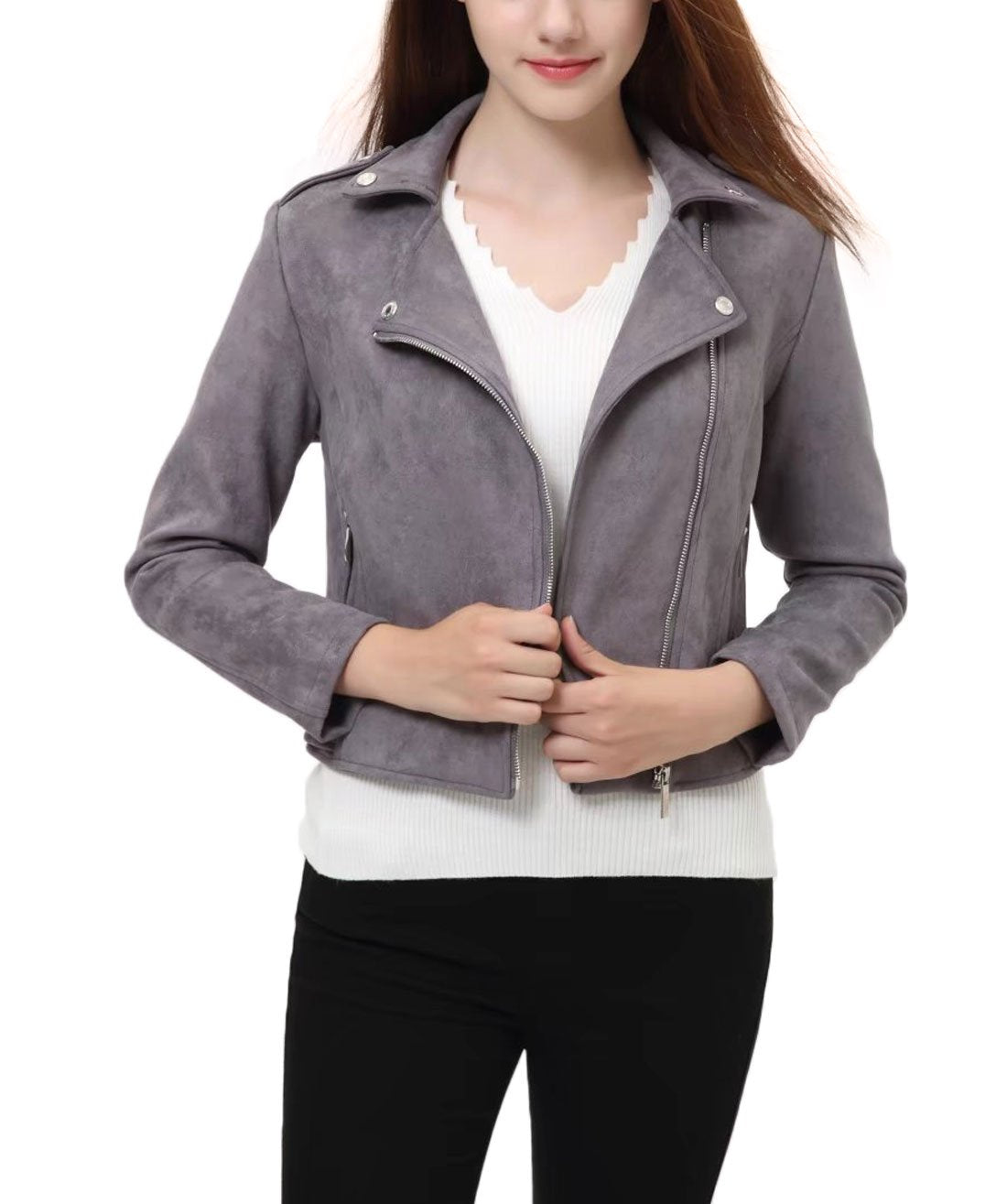 CHARTOU Women's Fall 2023 Fashion Faux Suede Leather Casual Moto Biker Jacket Coats (Small, Grey)
