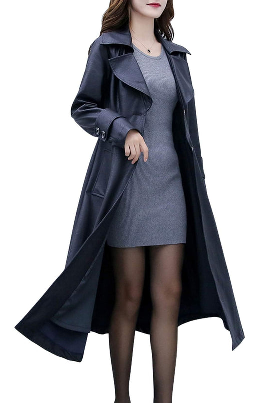 ebossy Women's Elegant Lapel Collar 2 Button Fit-Flare Pu Leather Long Trench Coat (L, Black)