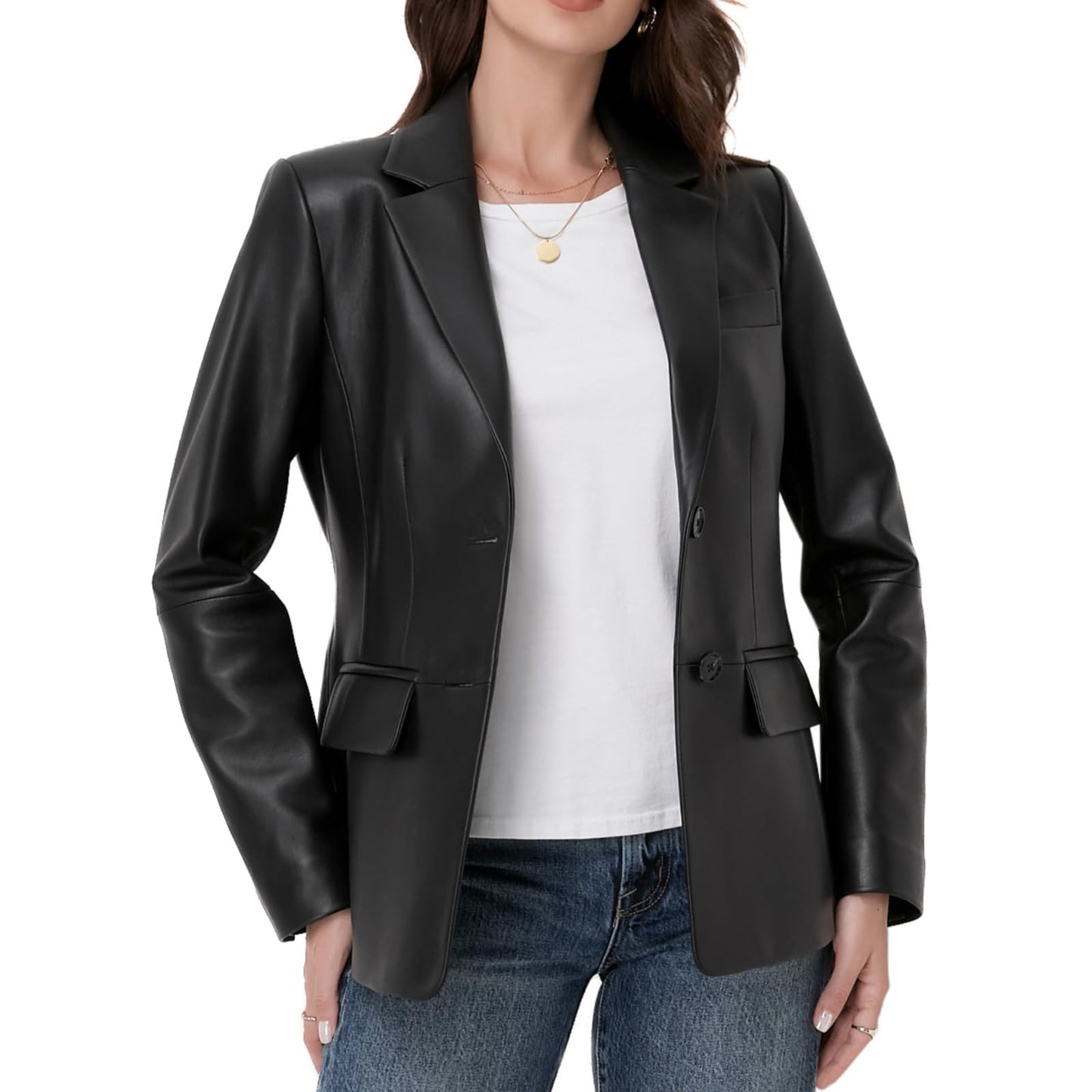 SILVER FASHIONS Lambskin Leather Jacket Women,Long Sleeve Button Front Leather Blazer,Notched Lapel Casual Style,Vent Detail (Large,Black)