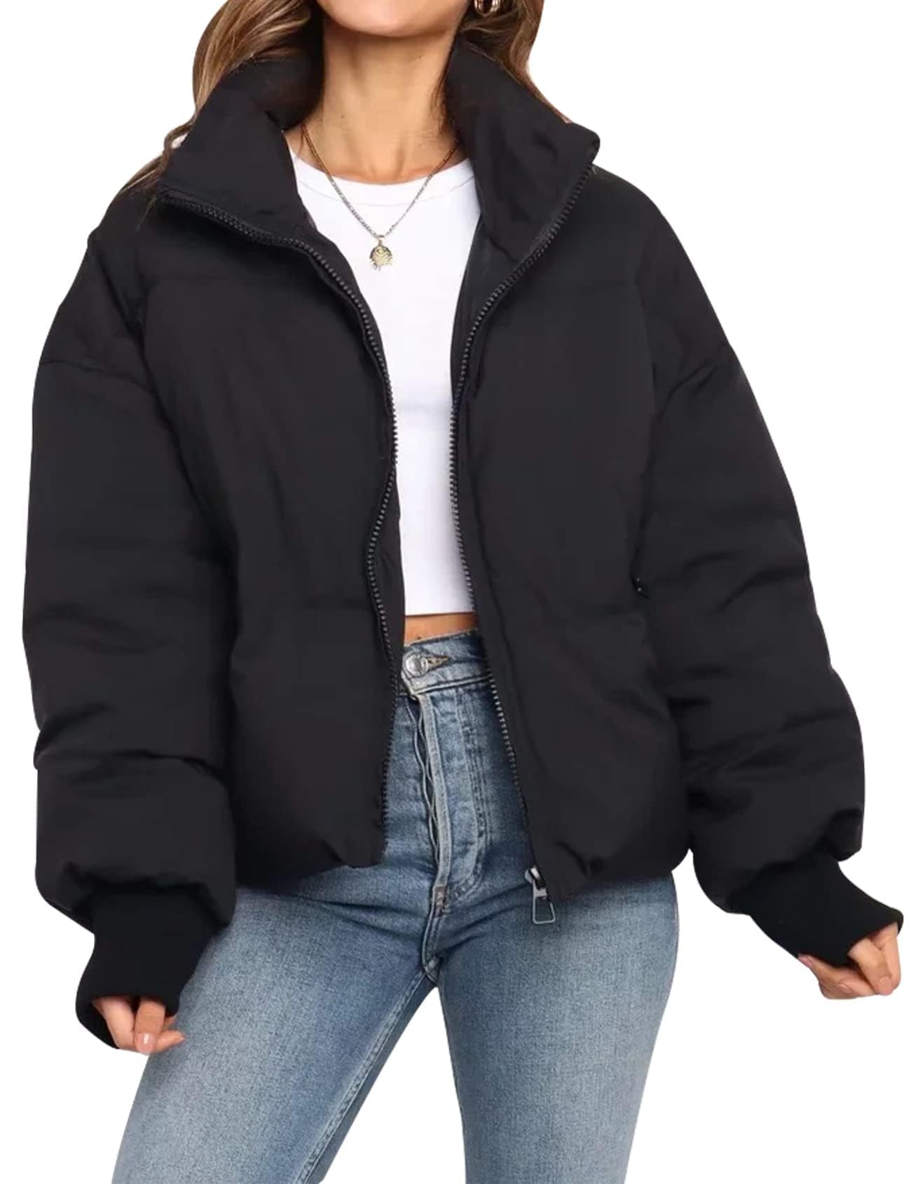Gihuo Women’s Winter Cropped Puffer Jacket Coat Short Warm Quilted Jacket (Large, Black)