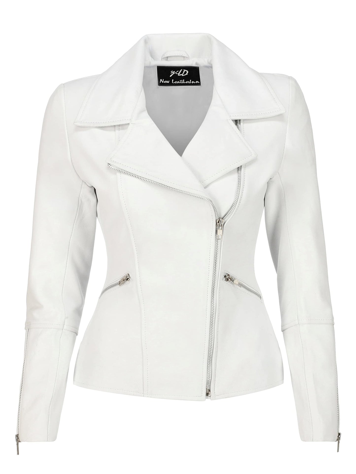 Jild Women's Asymmetrical Zip-Up Real Lambskin Leather Motorcycle Jacket - Casual Fashion Moto Biker Leather Jacket Women (BW-Wht-L)
