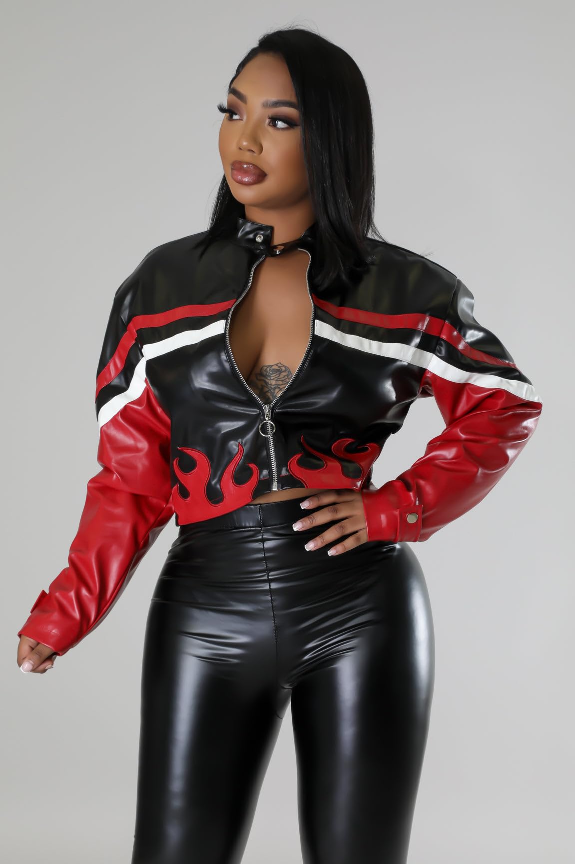 LXUAMR Womens Red Faux Leather Cropped Zip Up Bomber Jacket Women S-XXL