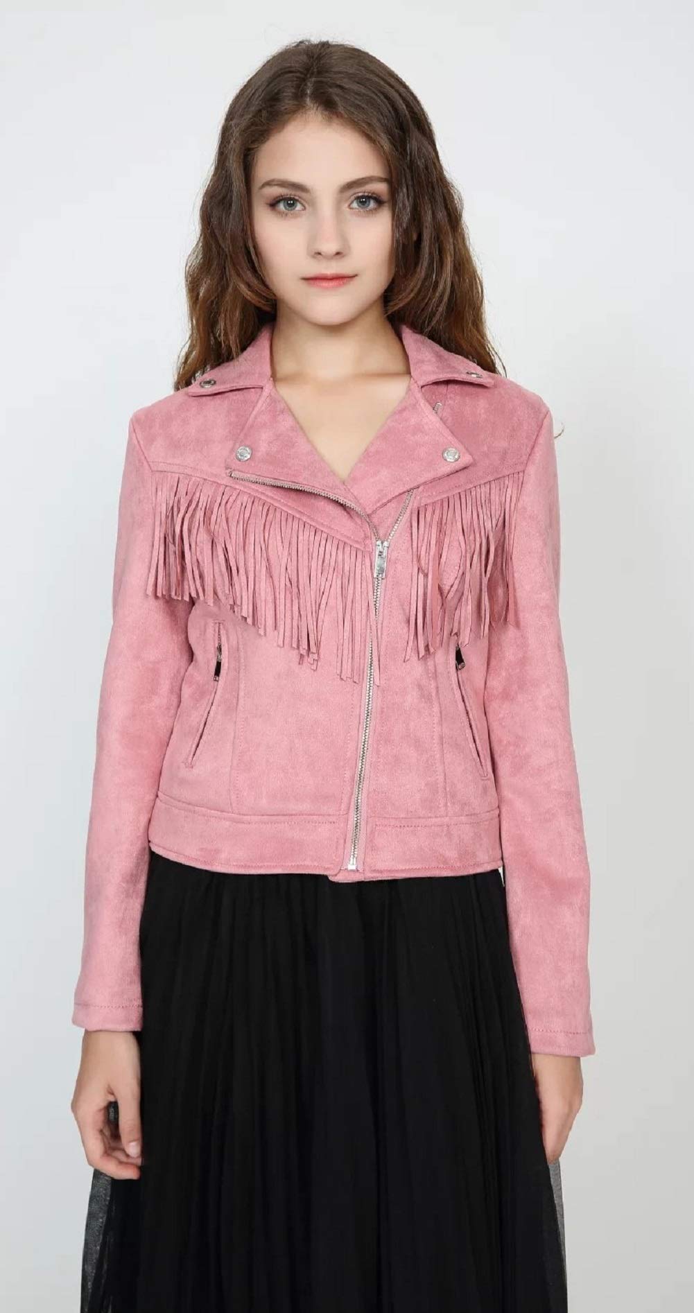 CHARTOU Women's Fall 2023 Fashion Faux Suede Leather Casual Moto Biker Jacket Coats (Small, tassel-pink)