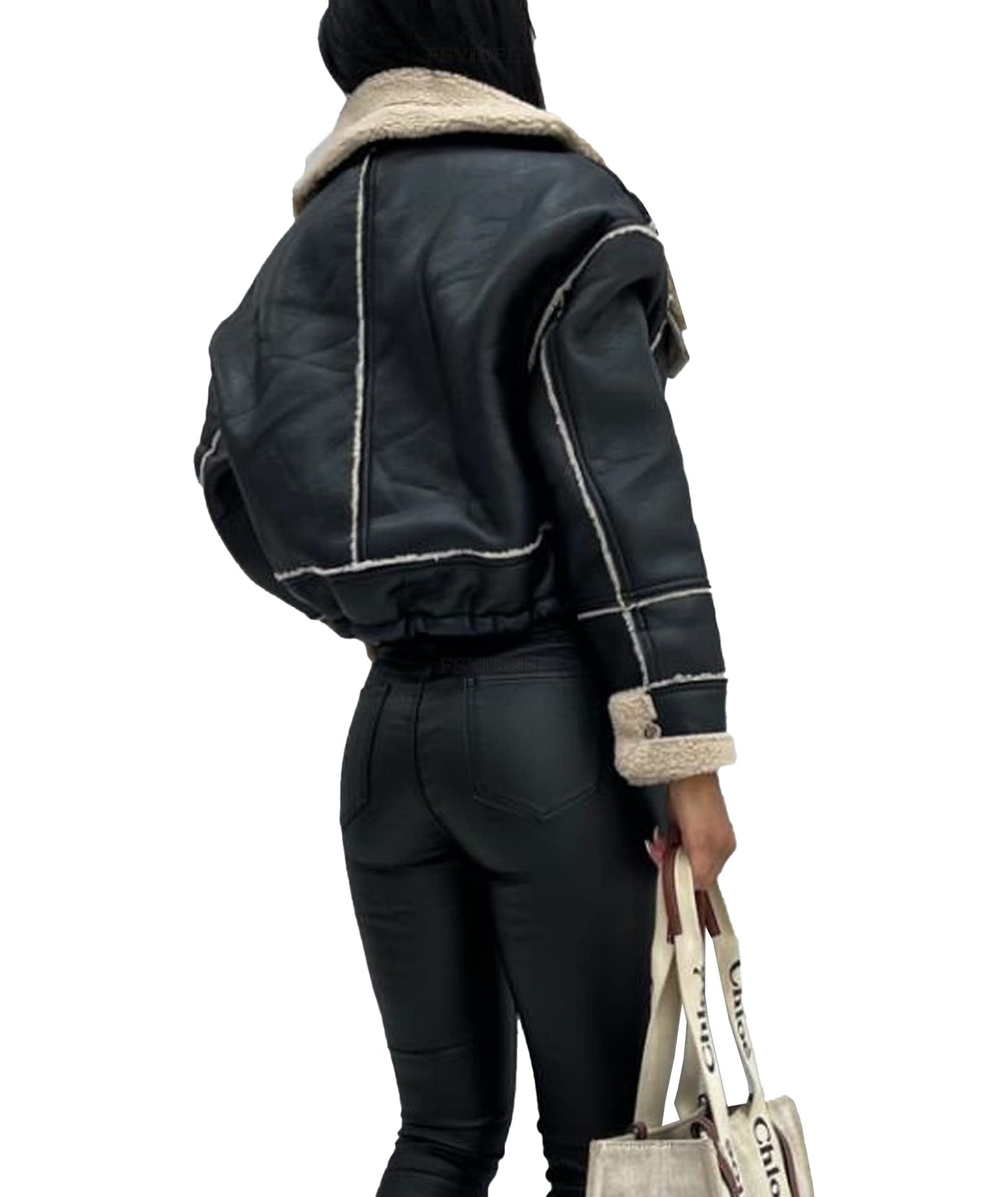Sexyshine Women's Faux Shearing Moto Bomber Jacket Sherpa-Lined Coat Winter Aviator Leather Coat Outerwear(23744BL,L)