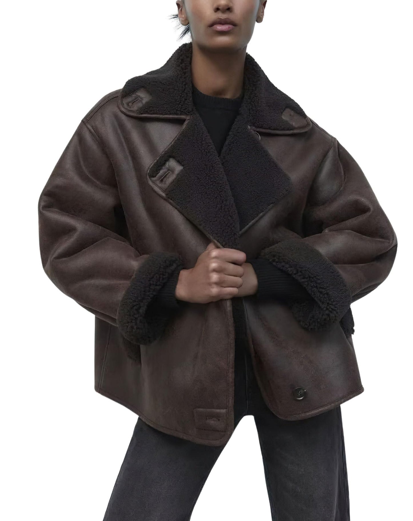 chouyatou Women's Winter Sherpa Lined Faux Leather Jacket Casual Motorcycle Oversized Leather Jacket (Medium, Brown)