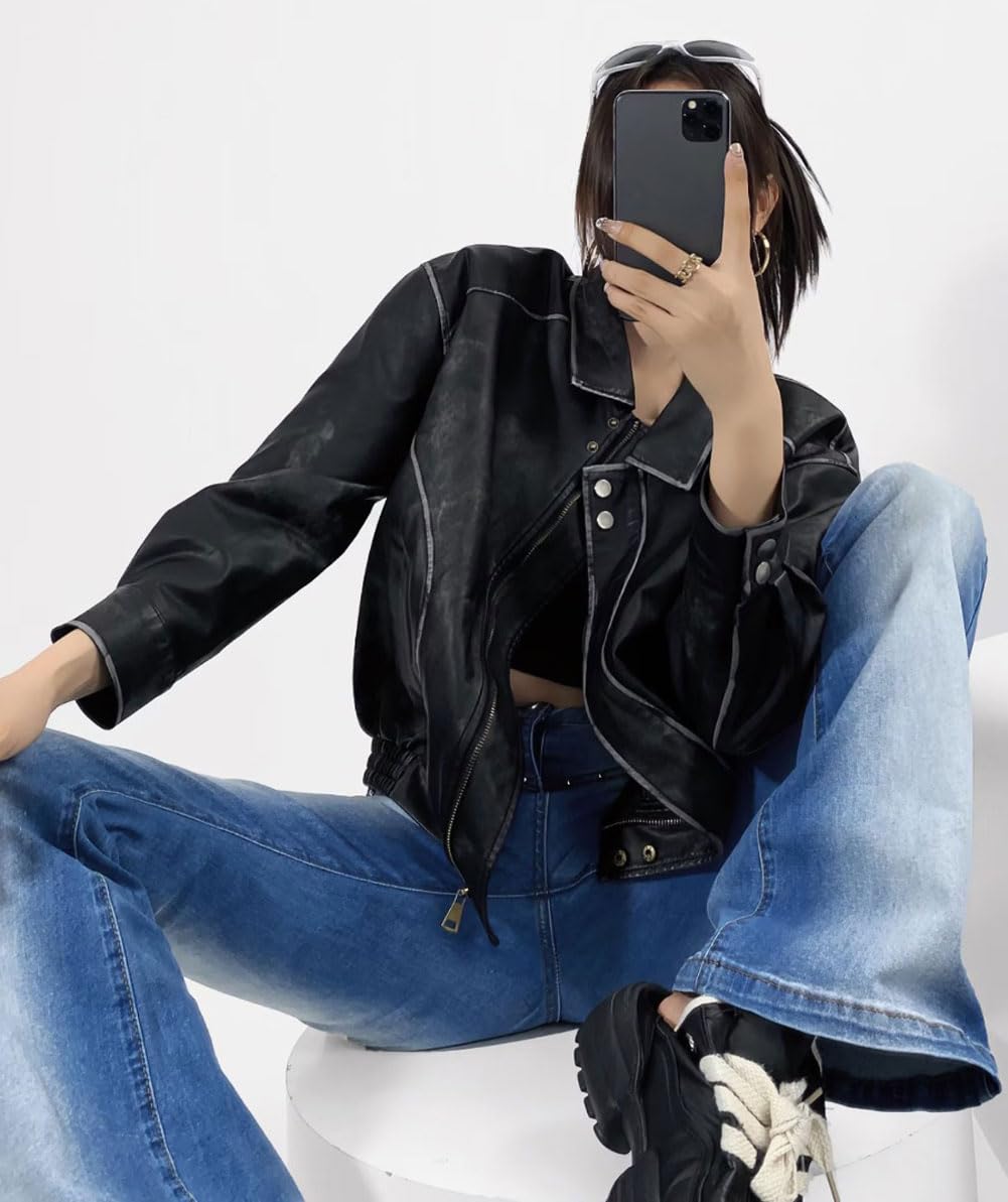 chouyatou Women's Fall Distressed Faux Leather Bomber Jacket Motorcycle Oversized Leather Jacket (Small, Black)