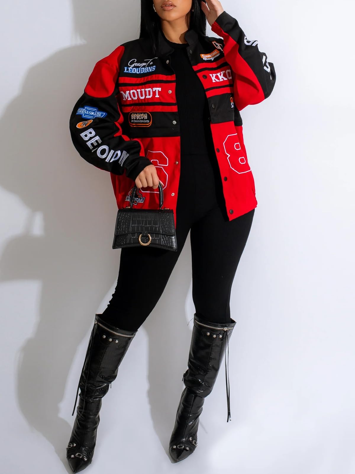 Angsuttc Varsity Jacket Women Motorcycle Race Car Marathon Jackets Casual Vintage Letterman Baseball Coats Red M