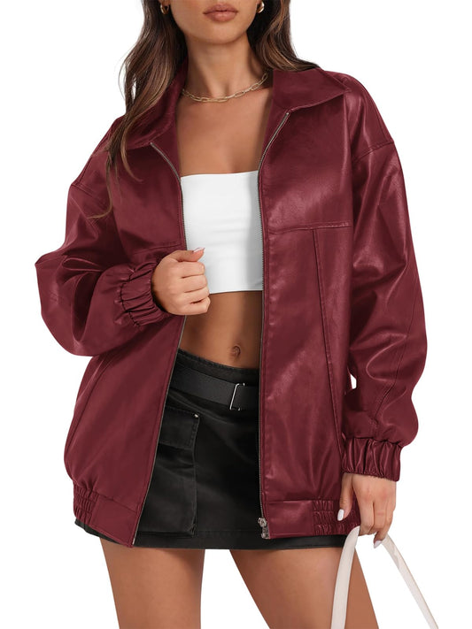 Yousify Women Leather Jacket Casual Long Sleeve Lapel Zip Up Bomber Jacket Classic Solid Color 2025 Fall Winter Clothing Wine Red M