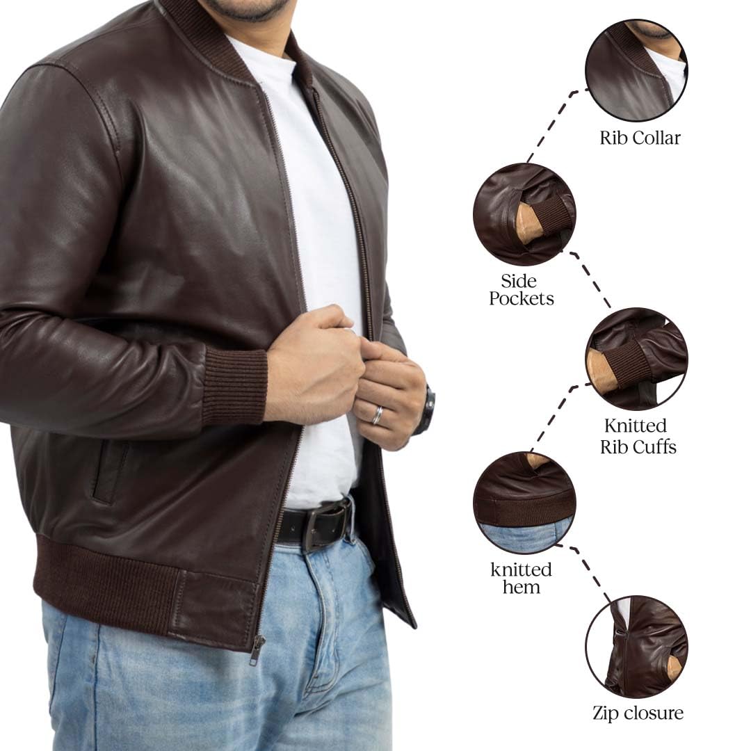 Jild Varsity Style Leather Bomber Jacket Men - Genuine Lambskin Men's Casual Fashion Classic MA-1 Leather Jacket (Rib-Brn-M)