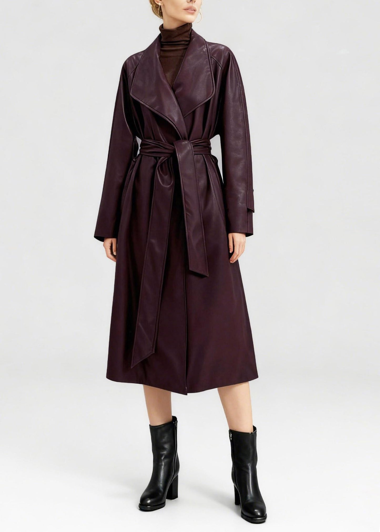 utcoco Womens Faux Leather Classic Lapel Trench Coat Long Leather Blazer Jackets Open Front with Belt (Small, Wine)