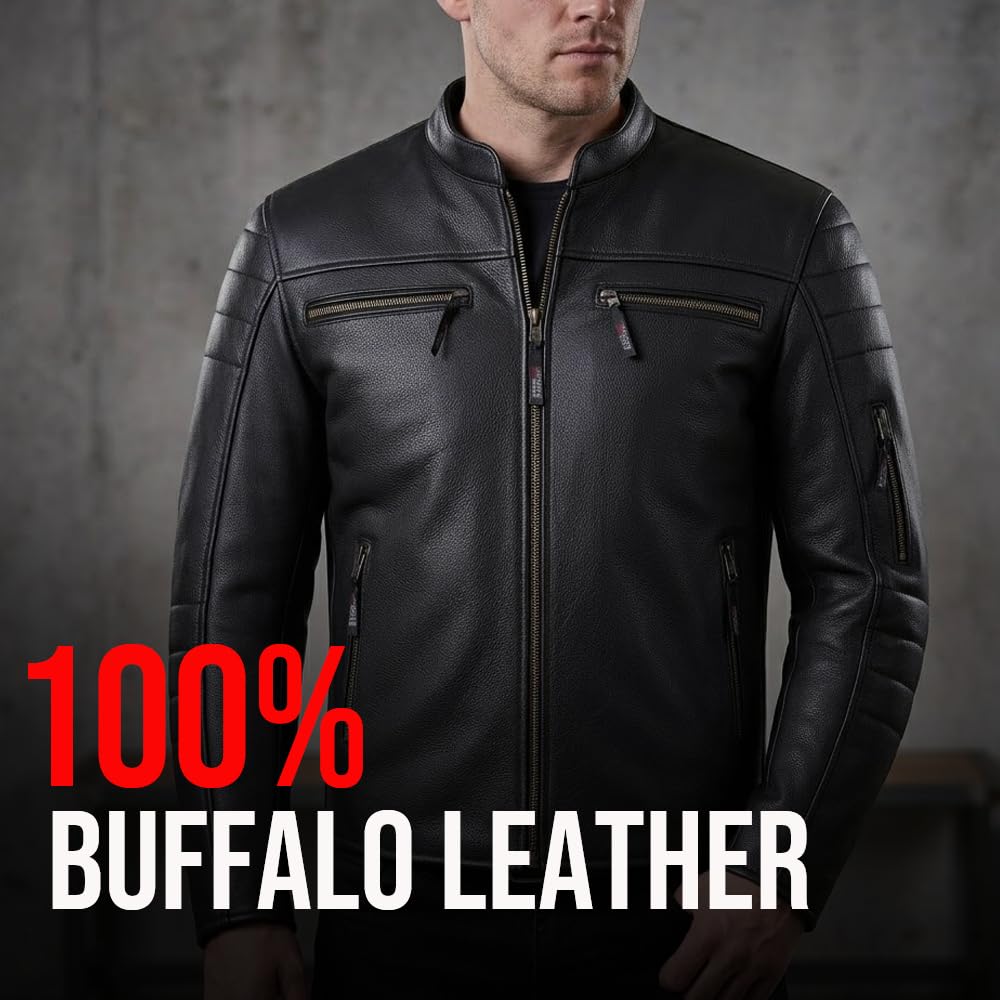 REVOLT Men's Motorcycle Jacket, Natural Buffalo Leather, CE Armor - Ventilation, Cruiser Motorbiker Touring Biker Black L