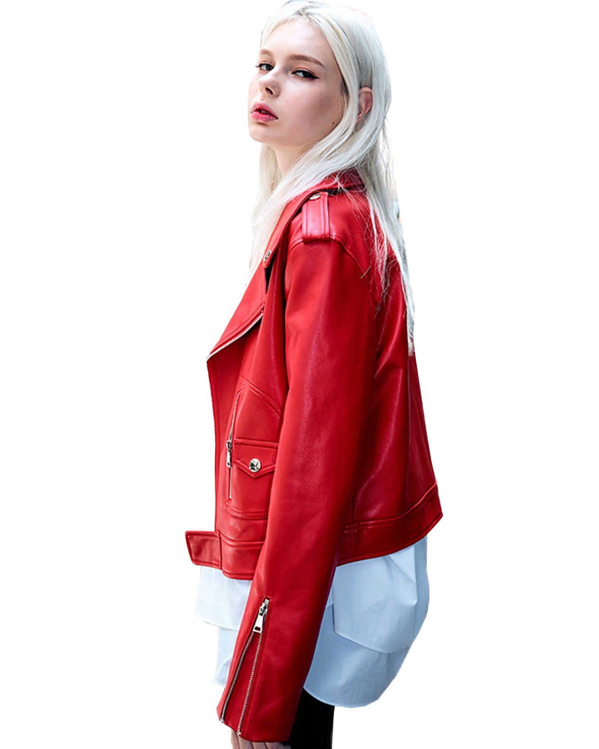 Women's Zipper Motorcycle Biker Faux Leather Jackets (L, Red)