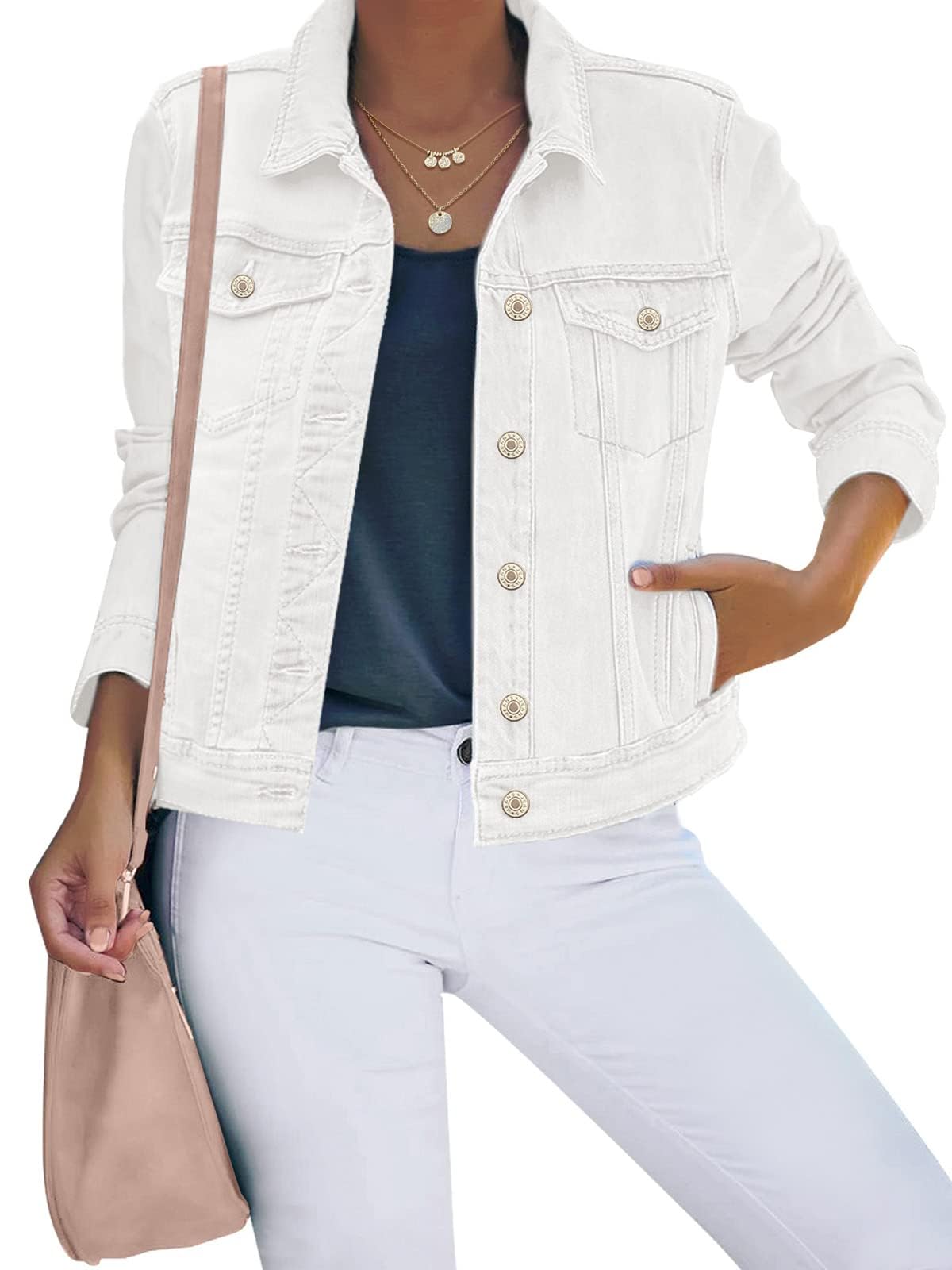 luvamia FleXclusive Women's Basic Button Down Stretch Fitted Long Sleeves Denim Jean Jacket White Denim Jacket Women Cream White Size Medium Fits Size 8-10