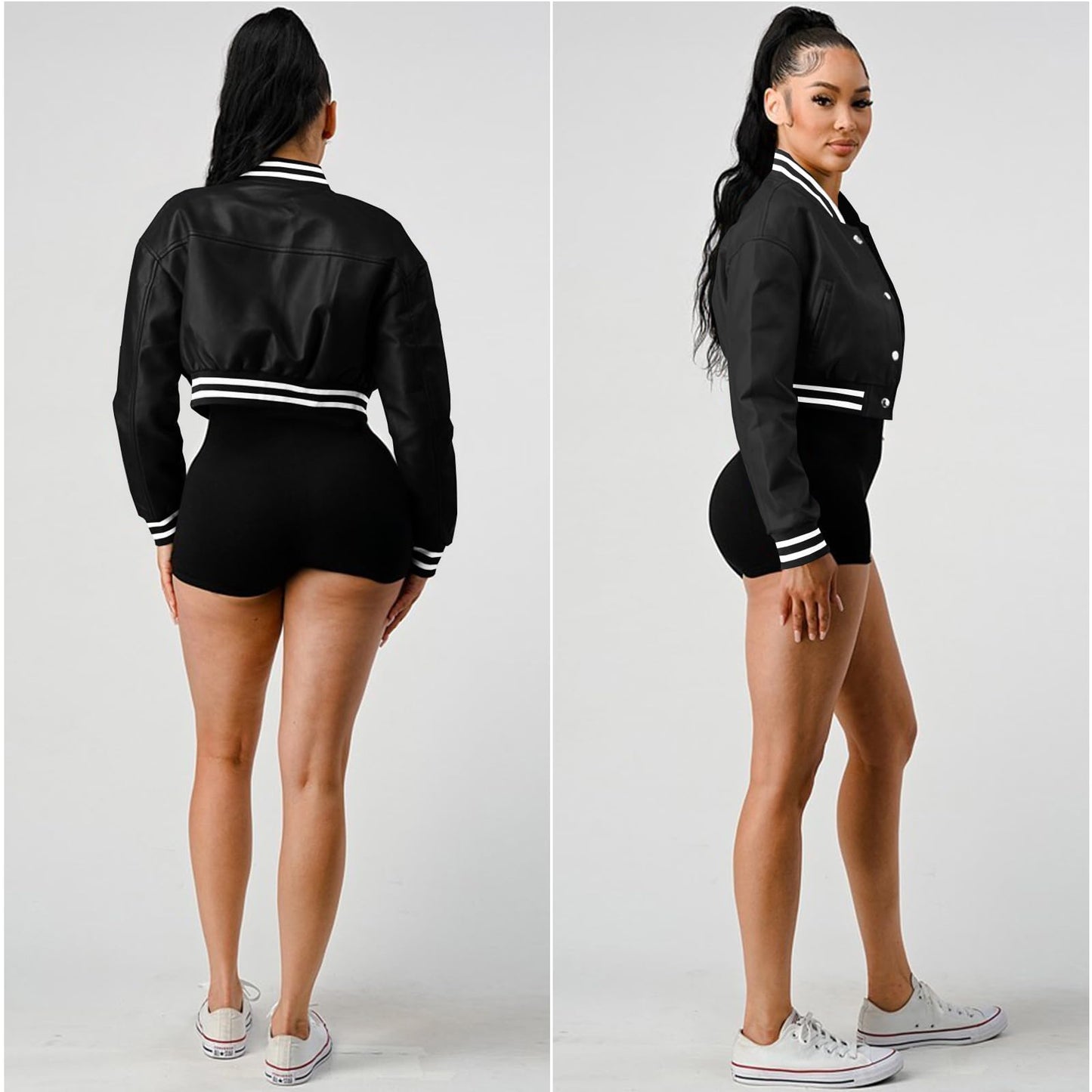 Xaspee Varsity Bomber Jacket Women Causal Baseball Crop Top Letterman Faux Leather Snap Button Sports Outwear Jackets (Black, L)