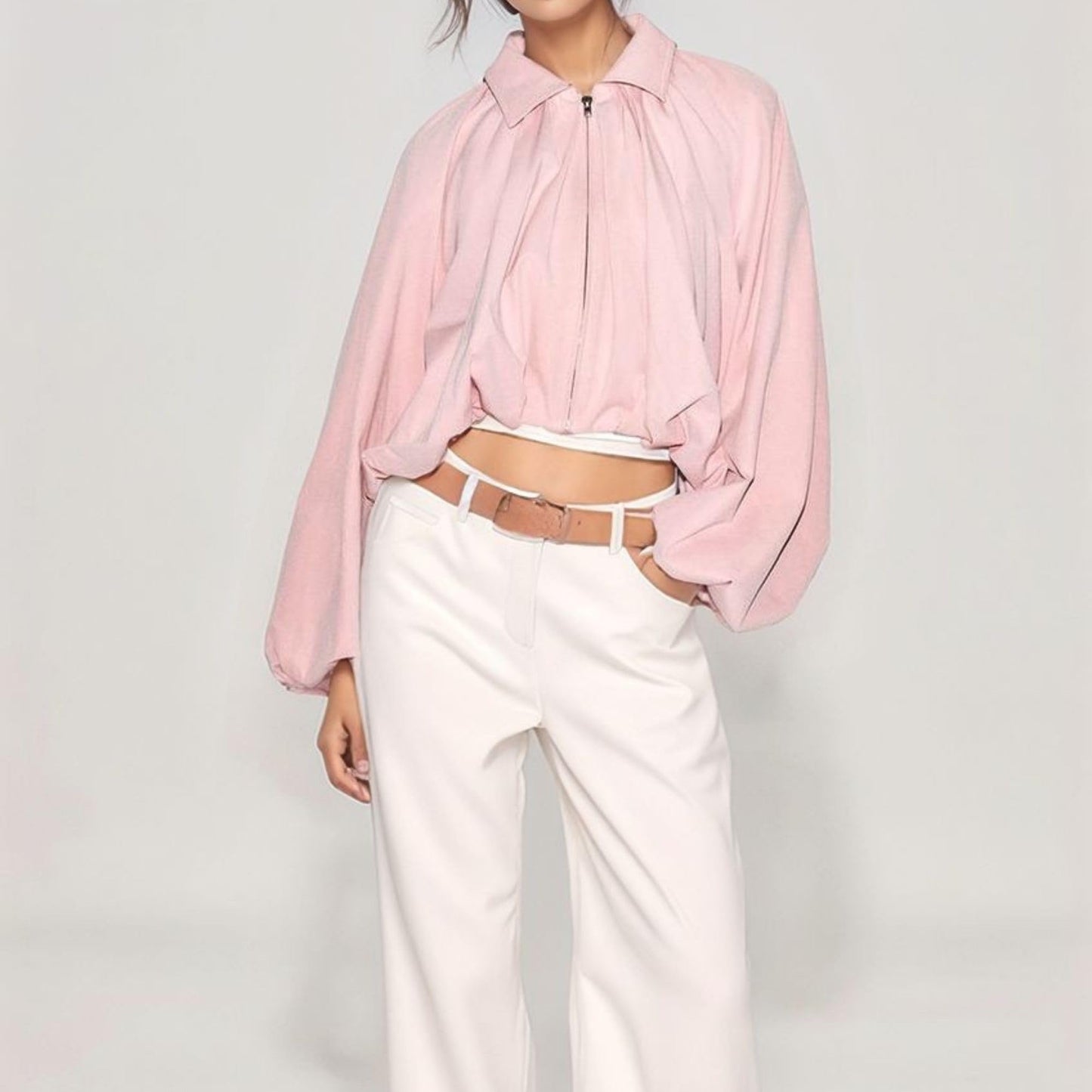 Xunger Women’s Puff Sleeve Bomber Jacket Casual Lapel Collar Full Zip Loose Fit Fashion Spring Fall Crop Pleated Shirts(1129-Pink-M-RD)
