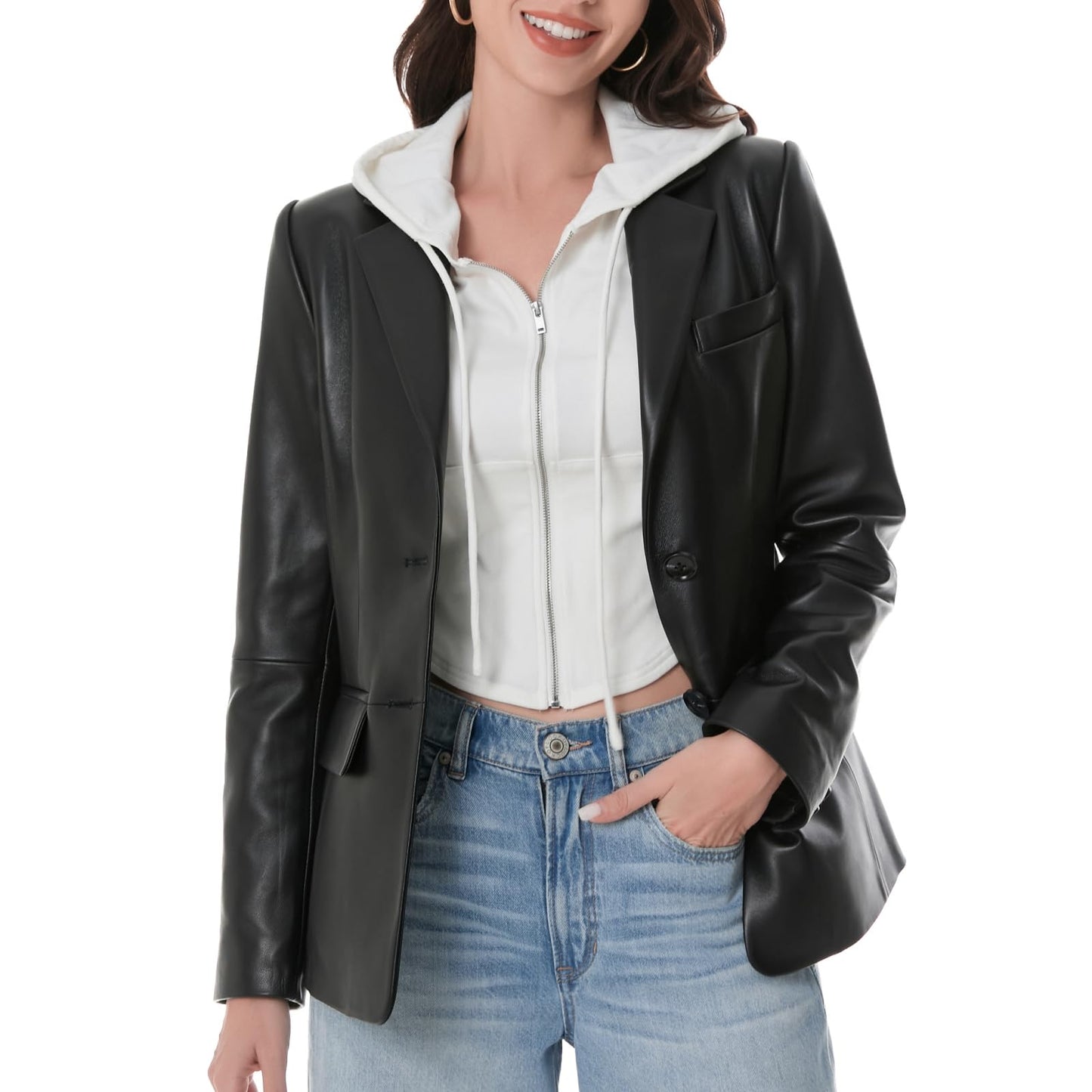 SILVER FASHIONS Lambskin Leather Jacket Women,Long Sleeve Button Front Leather Blazer,Notched Lapel Casual Style,Vent Detail (Large,Black)
