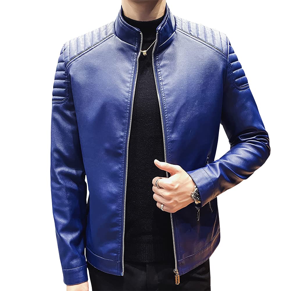Womleys Mens Casual Stand Collar Slim Fit Faux Leather Jacket Biker Motorcycle Jacket (X-Blue, Medium)
