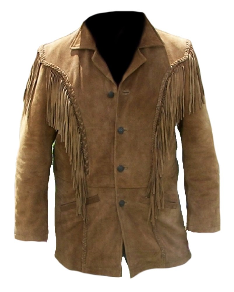 Classyak Men's Western Fringed Suede Coat Suede Brown Medium