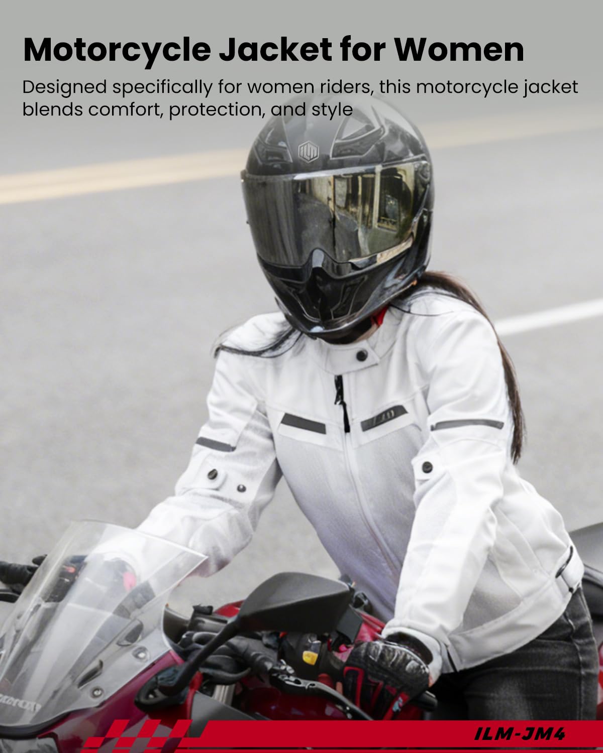 ILM Women Motorcycle Jacket with Armor CE Lightweight Moto Jacket with Detachable and Waterproof Mesh Liner All Season JM4 (White, M)
