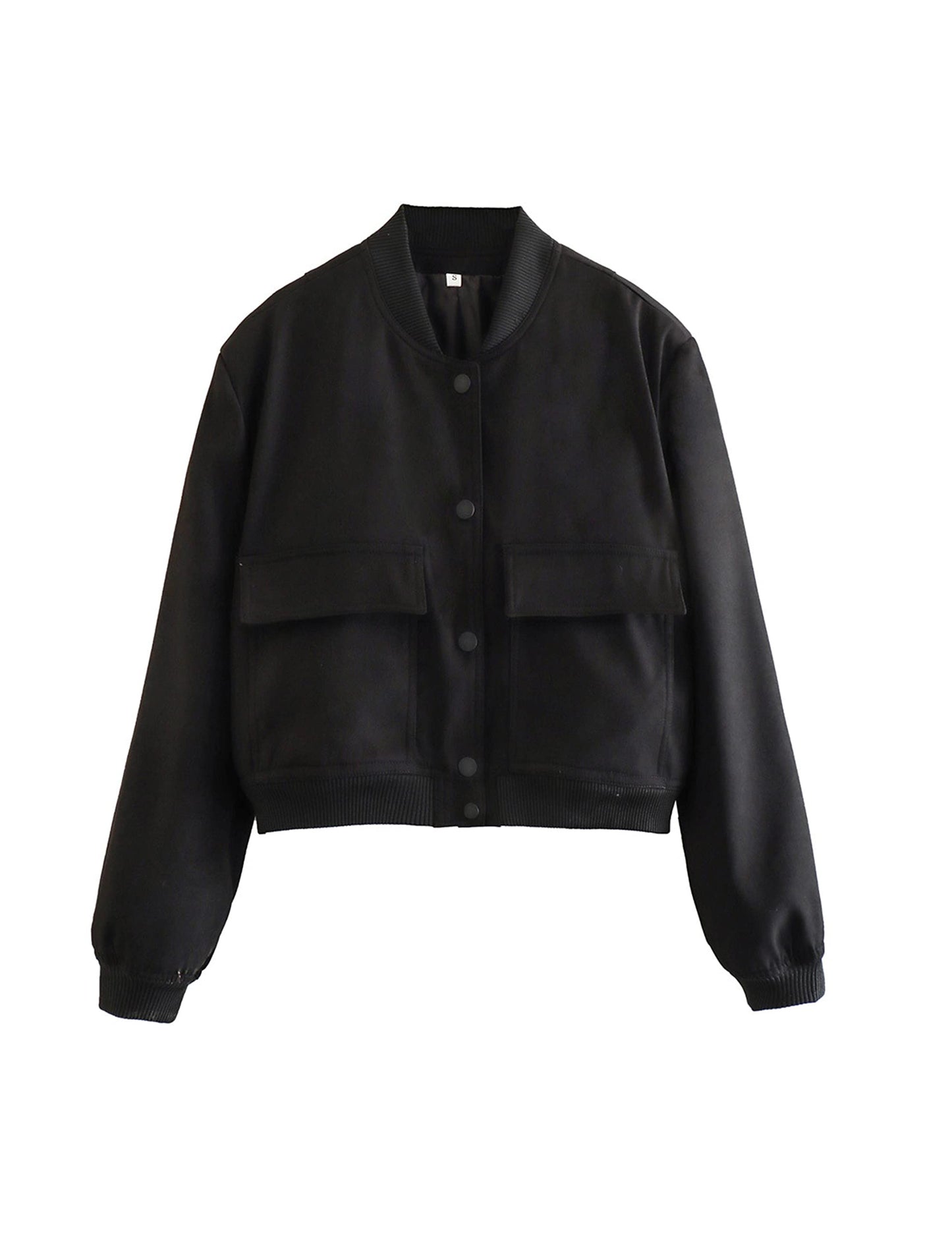 Megfie Womens Cropped Bomber Jacket Button Down Varsity Jackets Shackets With Pockets (0394-Black-XL)