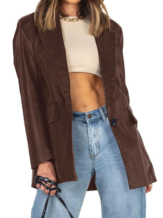 Pepochic Womens Oversized Leather Jacket Long Sleeve Faux Leather Blazer Lapel Button Down Leather Shacket Coat with Pockets