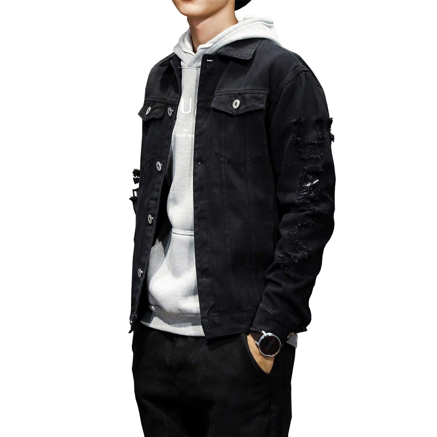 DAVID.ANN Men's Distressed Jean Coat Ripped Holes Button Down Denim Casual Trucker Jacket Outerwear,Black,Medium