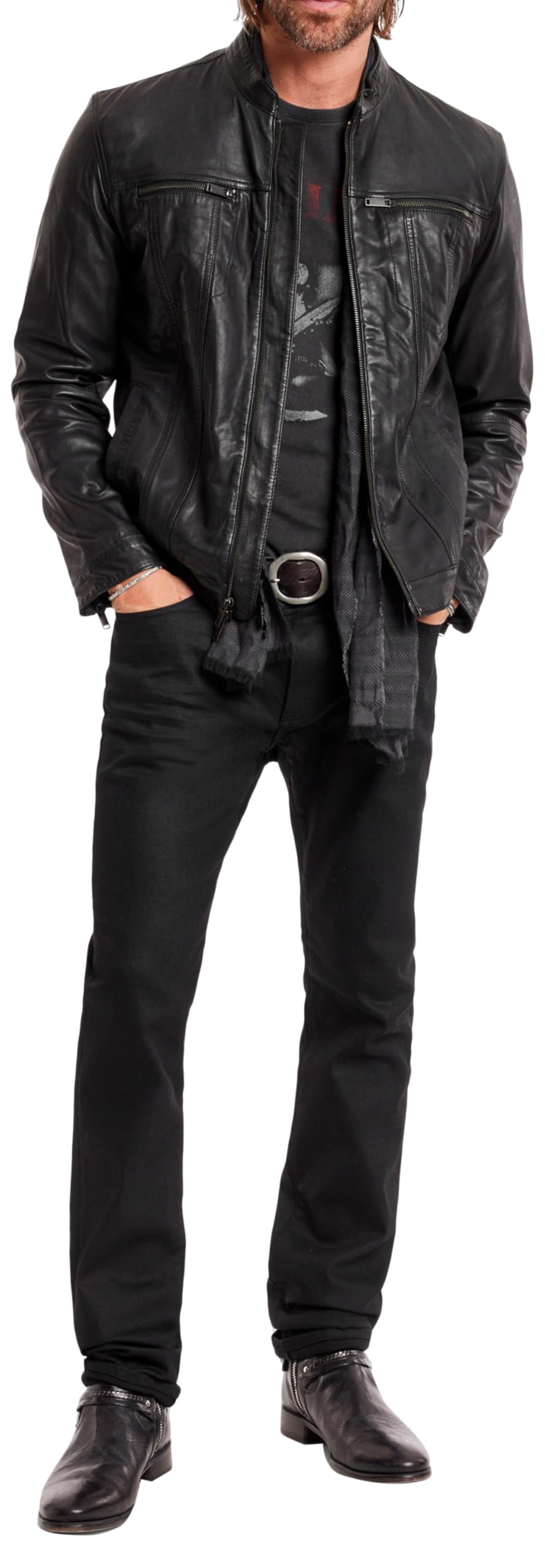 John Varvatos Star USA mens Band Collar Leather Jacket, Black, Medium US