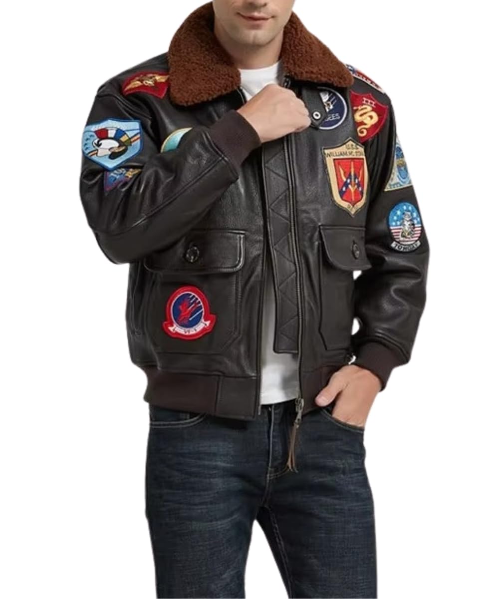 Mens Top Aviator USAAF Pilot Flying Tom Multiple Patches G1 Bomber Jacket Fur Collar Brown Bomber Leather Jacket (as1, alpha, s, regular, regular, Real Leather)