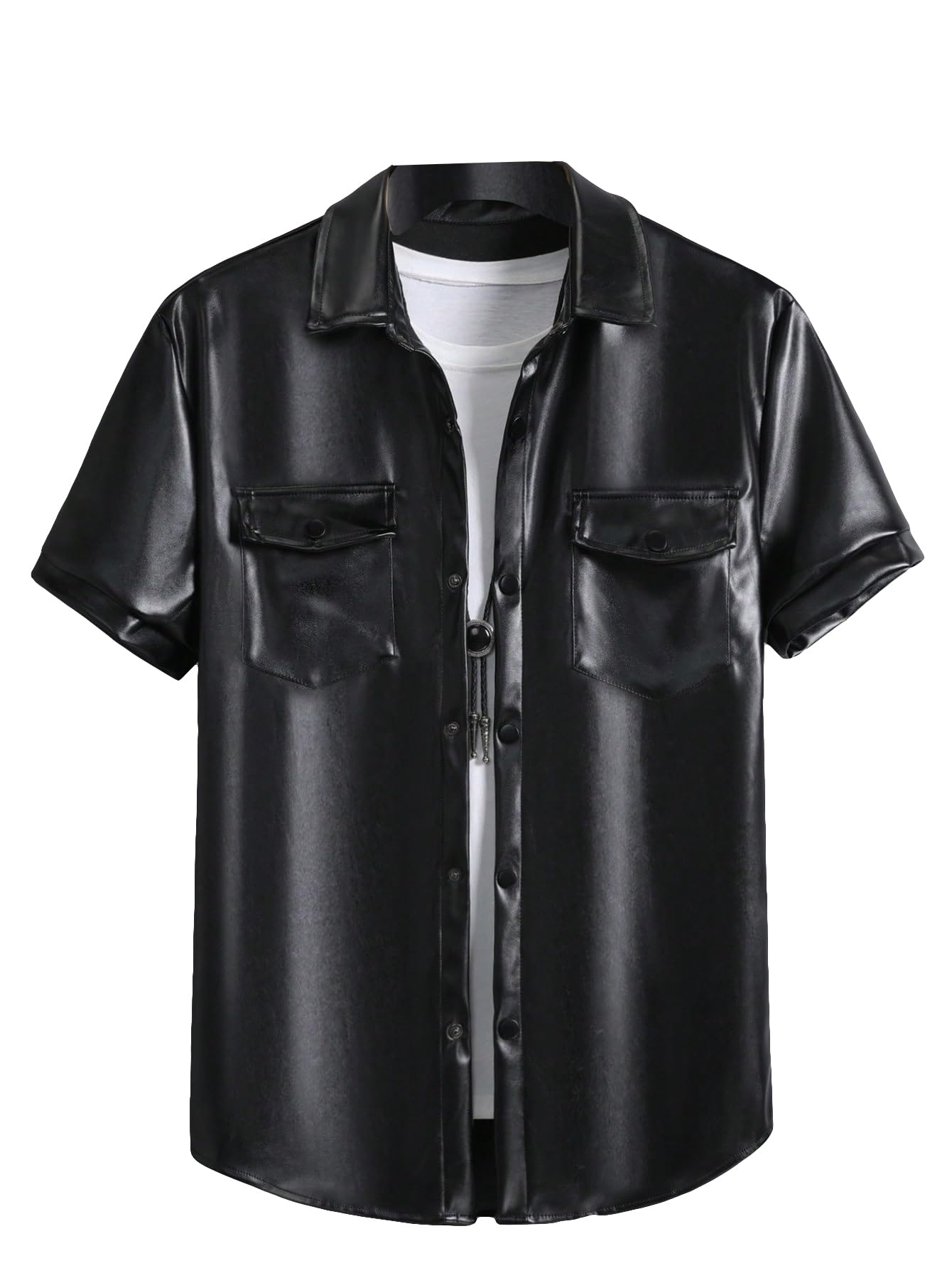 WDIRARA Men's Pu Leather Flap Pocket Short Sleeve Button Up Shirt Party Collar Top Black L