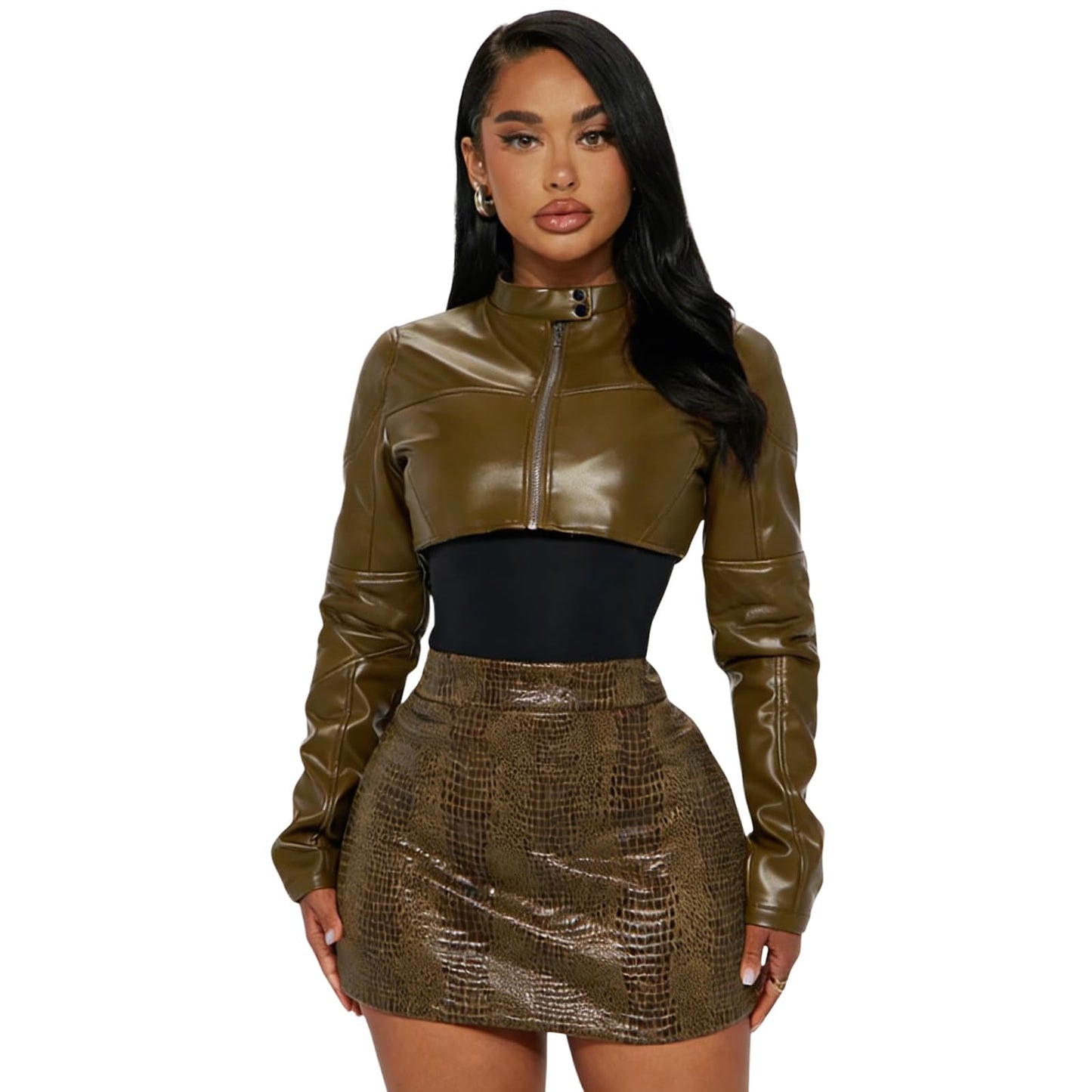 Charyeah Women's Faux Leather Jacket Cropped Leather Jacket Women Bomber Motorcycle Jacket y2k Jacket (US, Alpha, Small, Regular, Regular, Olive Green)