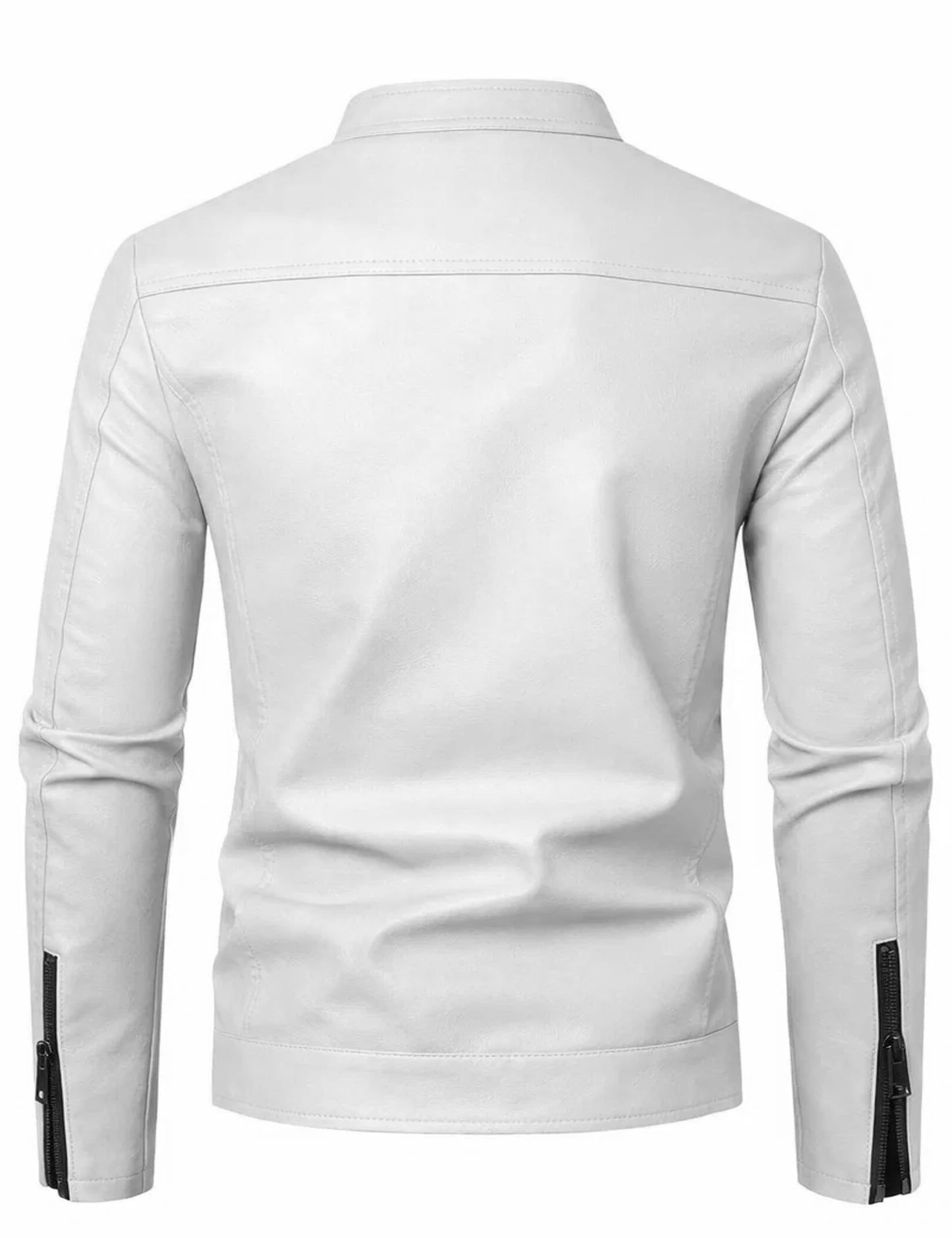 White Leather Jacket Men Faux Leather Motorcycle Stand Collar Biker Coat L