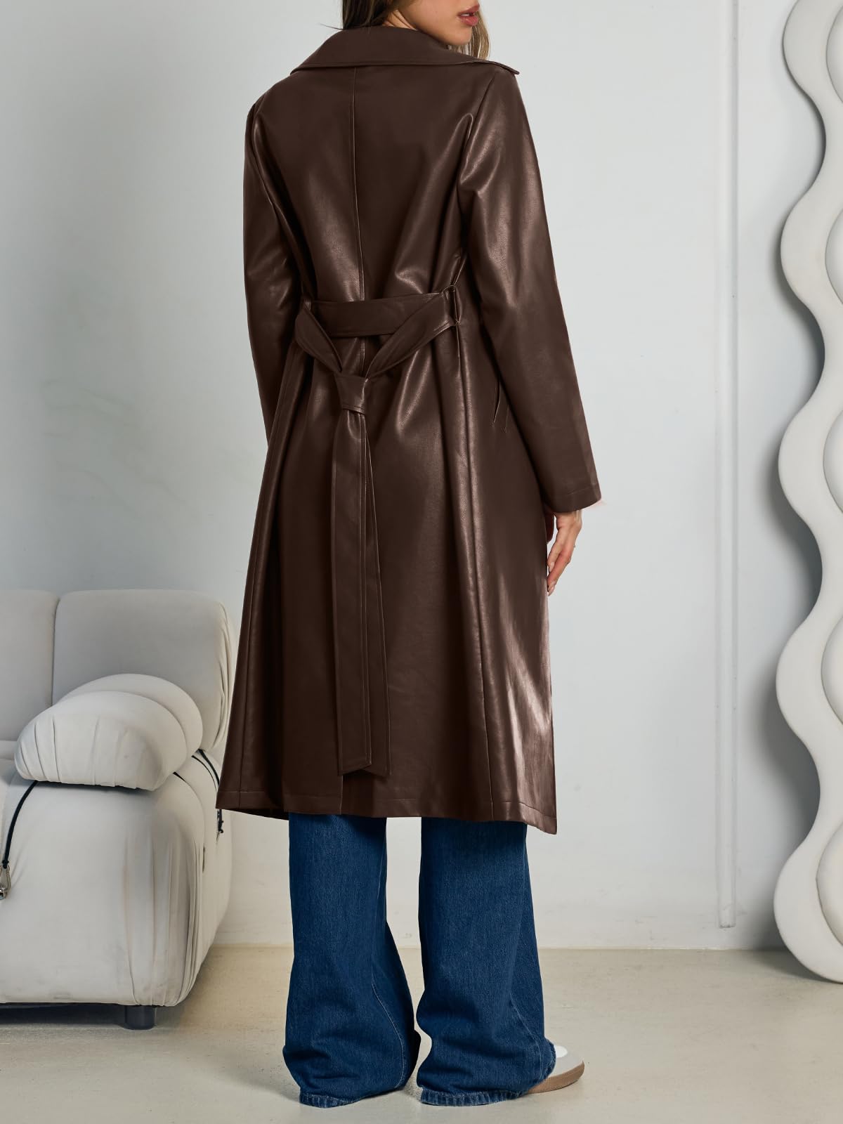 Trendy Queen Womens Brown Long Leather Jackets Trench Dress Pea Coats Peacoat Winter Fall Blazer Suit 2026 Faux Ladies Breasted Casual Warm Waterproof Outfits Clothes Clothing Oversized XL