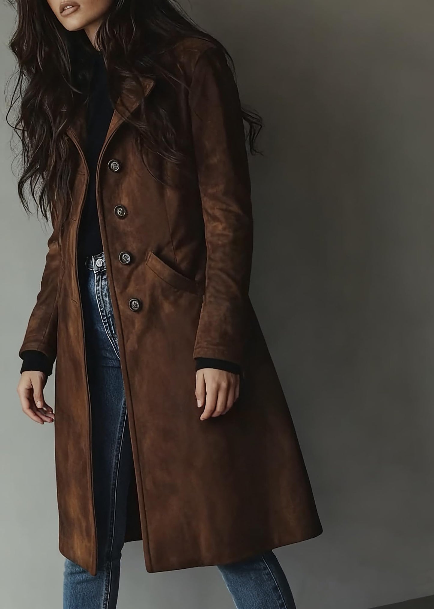 utcoco Womens Long Suede Trench Coat Single Breasted Leather Trench Overcoat with Pocket (X-Small, Dark Brown)