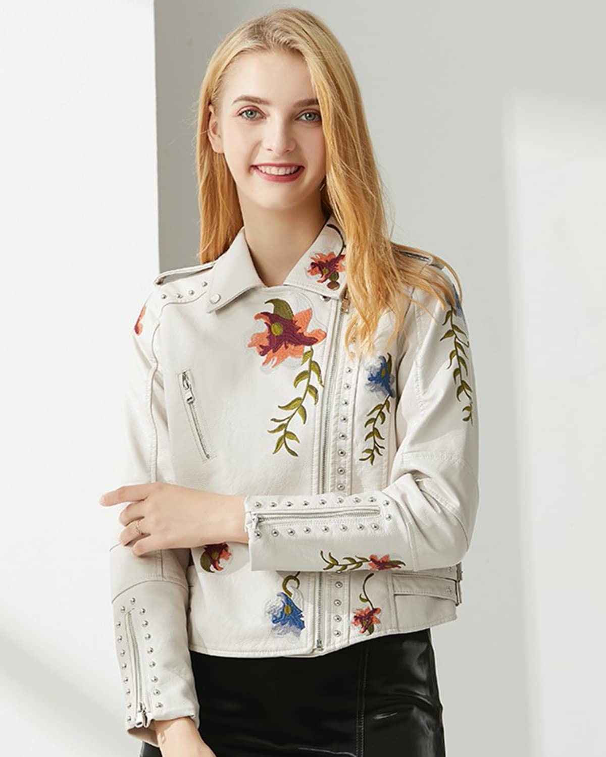 YILANUOYI Women's Embroidered Studded Faux Leather Jacket Moto Punk Jacket Floral Coat (XXL, XHPY Beige)