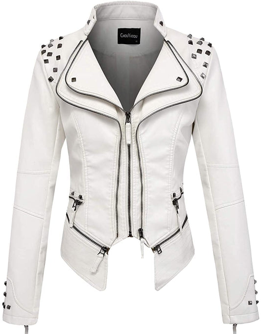 chouyatou Women's Fashion Studded Perfectly Shaping Faux Leather Biker Jacket (XX-Large, White)