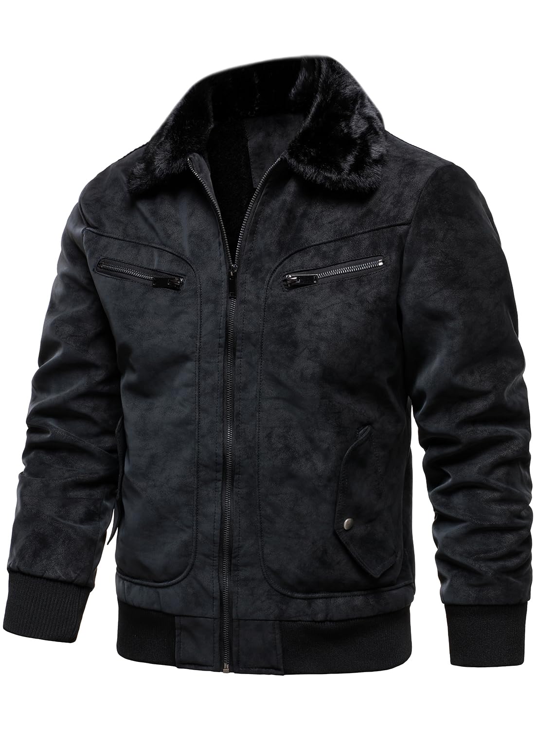HOOD CREW Men’s Faux Fur Flight Bomber Jacket Vintage Winter Coats Fleece Lined Leather Jackets Black XL