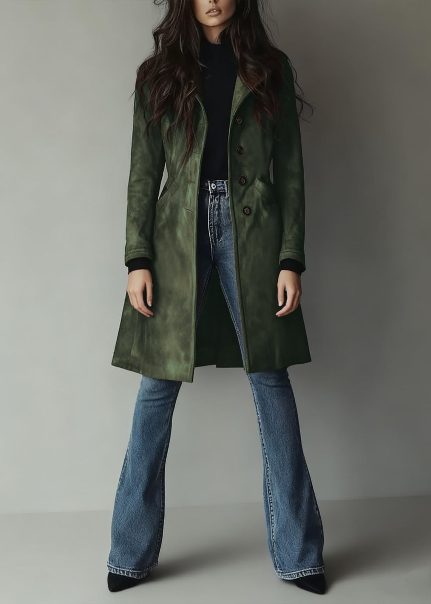 utcoco Womens Long Suede Trench Coat Single Breasted Leather Trench Overcoat with Pocket (X-Small, Army Green)