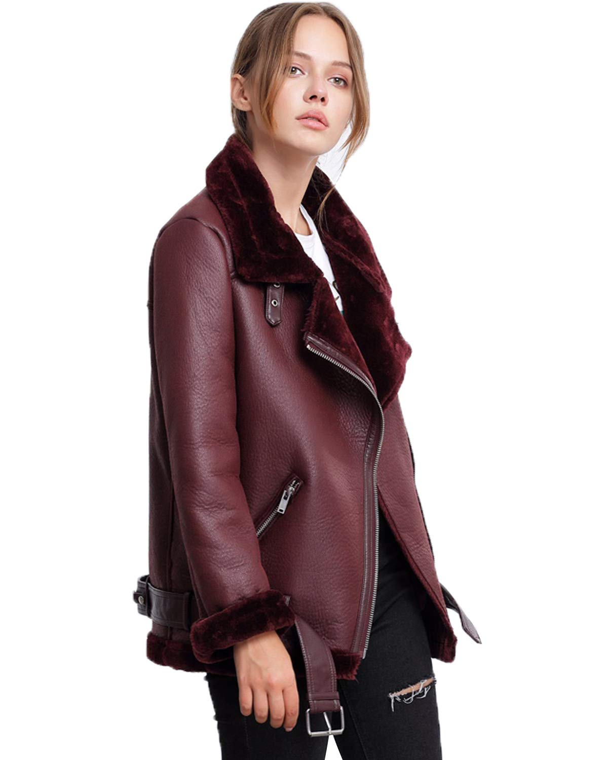 LY VAREY LIN Women's Faux Shearing Moto Jacket Thick Lined Parka Winter Shearling Coat Leather Jacket (XL, Wine Red)