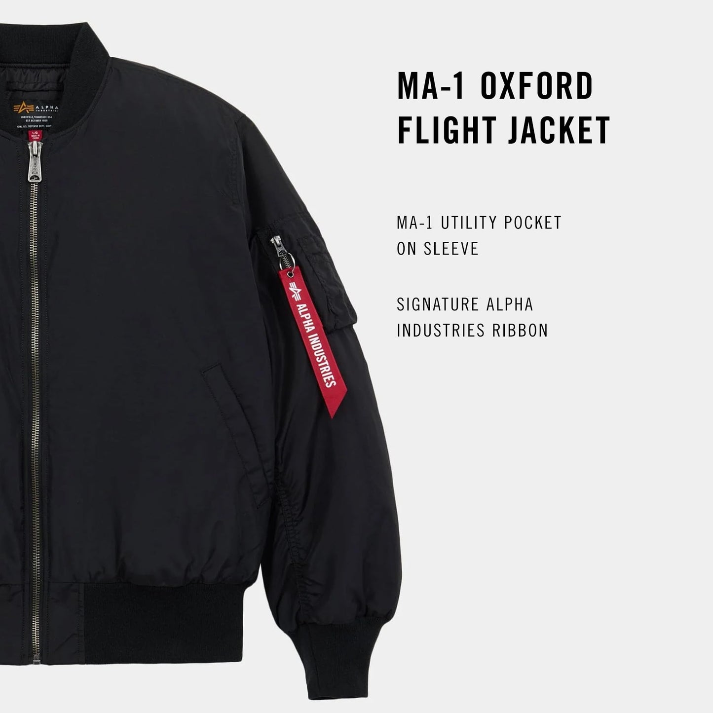 Alpha Industries MA-1 Oxford Flight Jacket for Men Lightweight Oxford Nylon Bomber Jacket with Utility Sleeve Pocket Ribbed Knit Cuffs Hem Collar Relaxed Fit Zipper Closure Army Air Force, Black, S