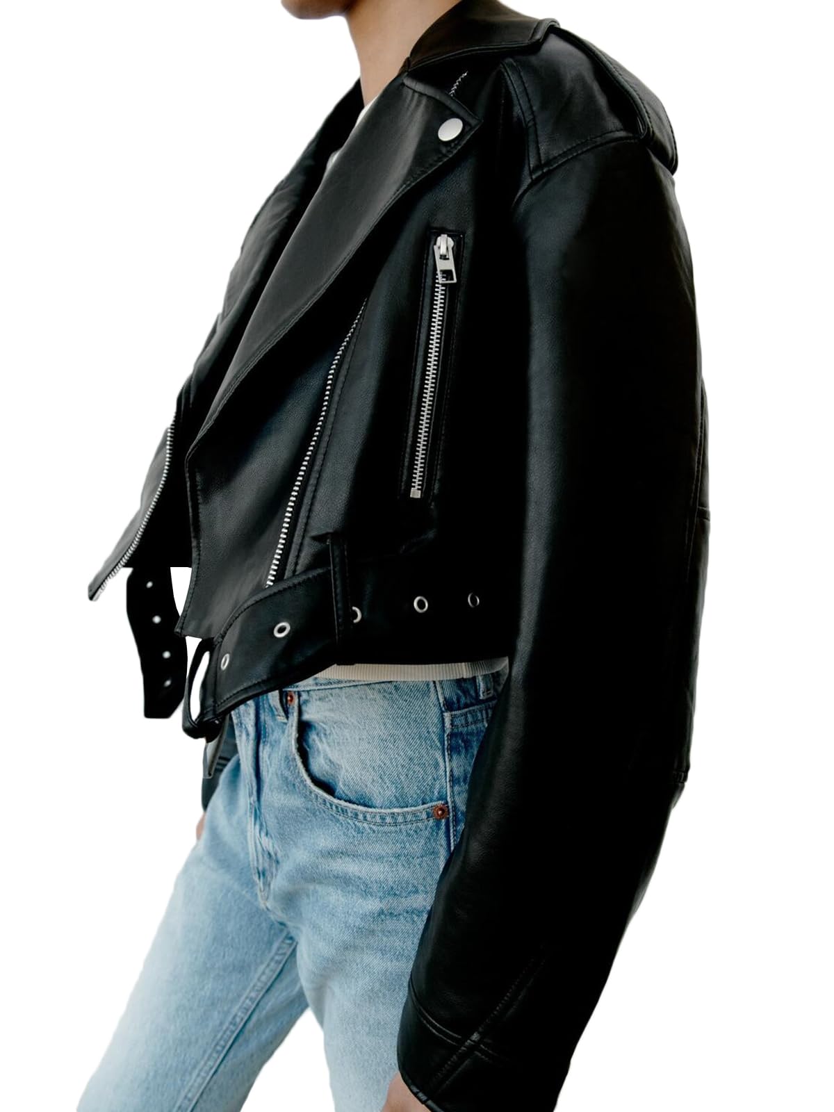 LY VAREY LIN Women Faux Leather Cropped Jacket Lapel Zipper Biker Short Coat with Belt