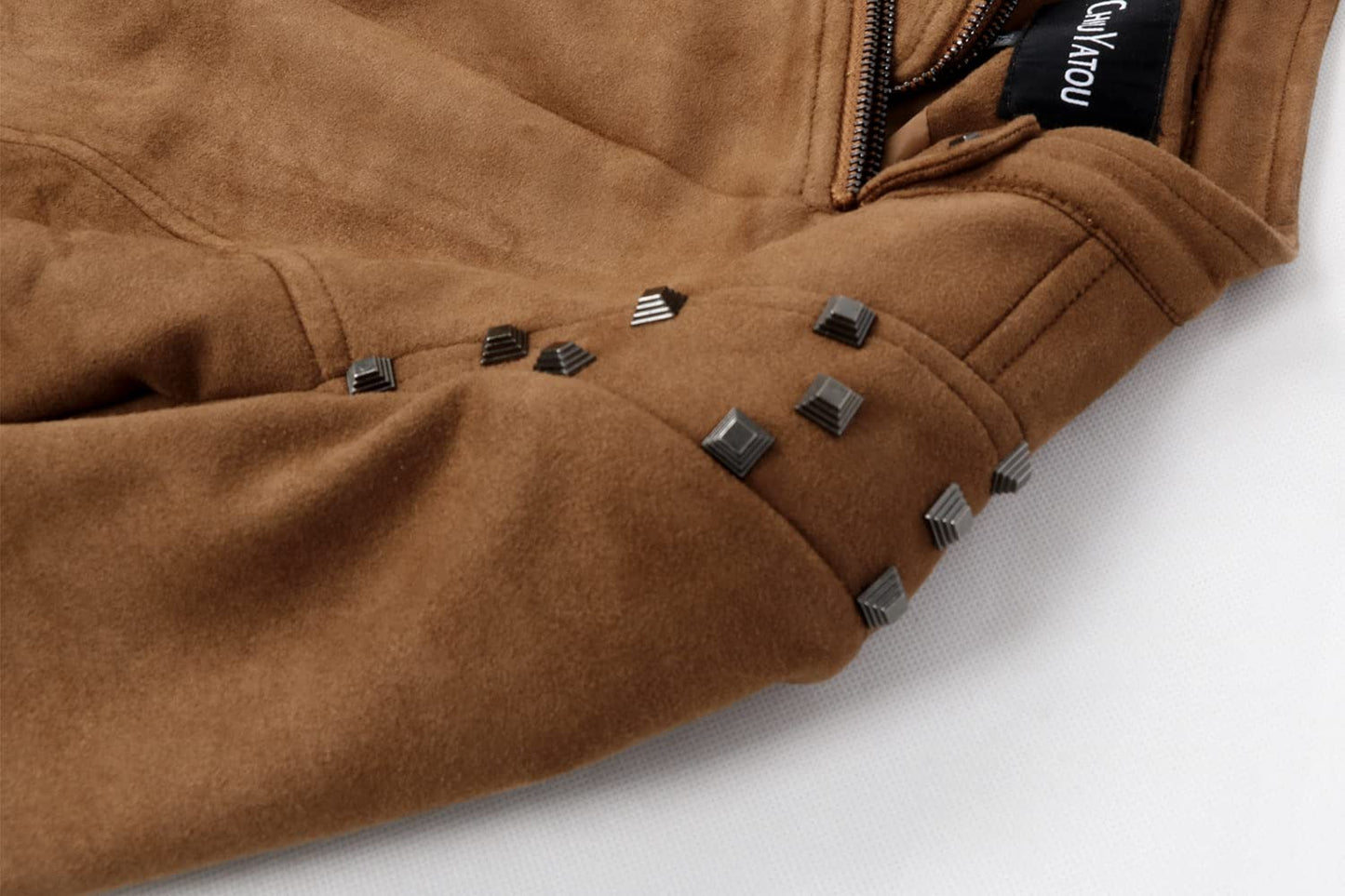 chouyatou Women's Fashion Studded Perfectly Shaping Faux Leather Biker Jacket (Medium, Suede Brown)