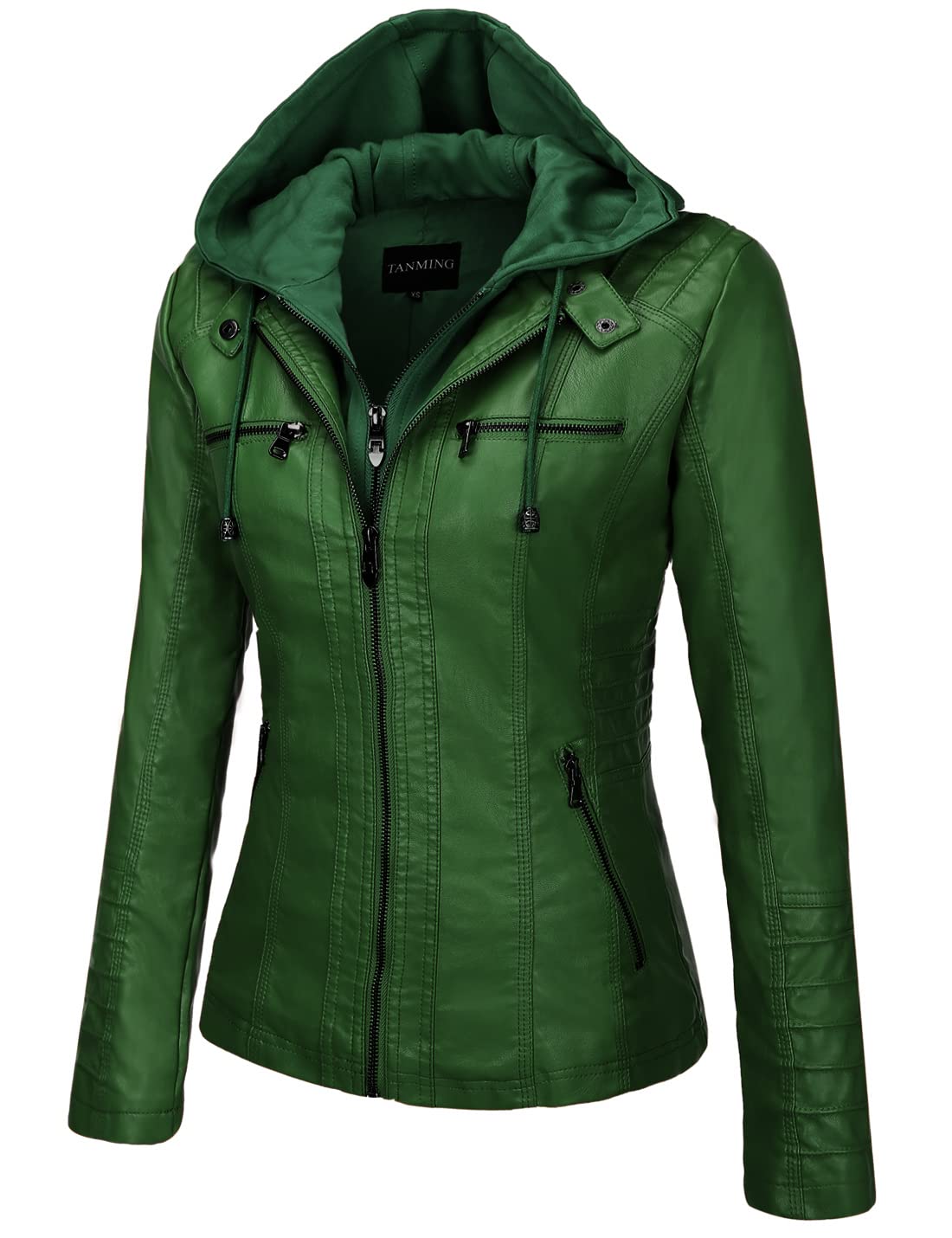 Tanming Womens Faux Leather Jacket Hooded Moto Biker Coat Outerwear Fall Fashion Outfits Winter Clothes